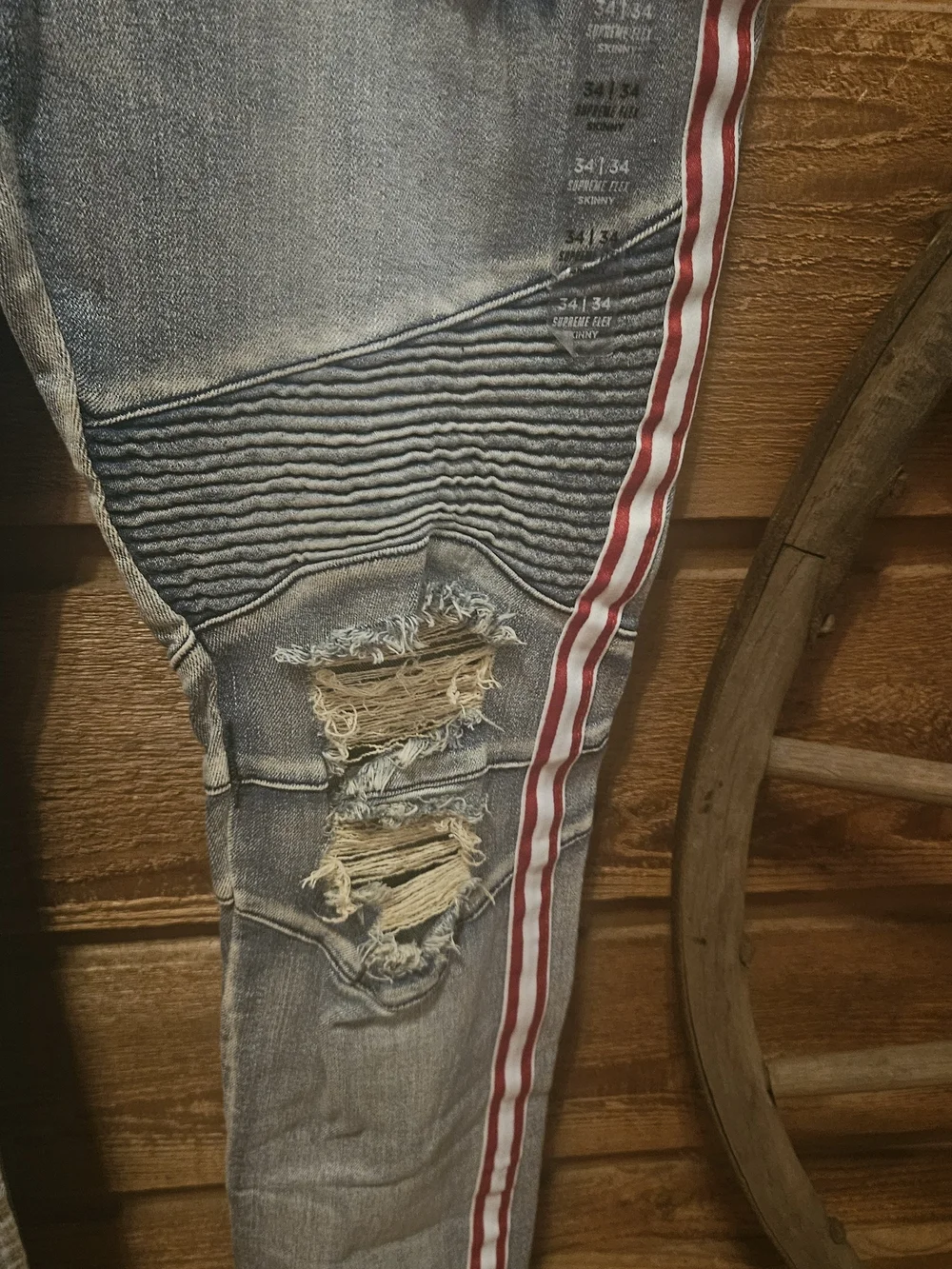 Rue21 Men's Light Blue Distressed Skinny Jeans with Red Side Stripe